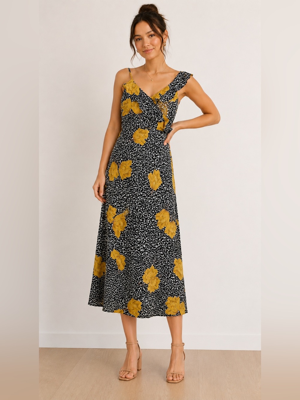 ModCloth one shoulder black Midi Dress with Yellow Floral Accents size 10